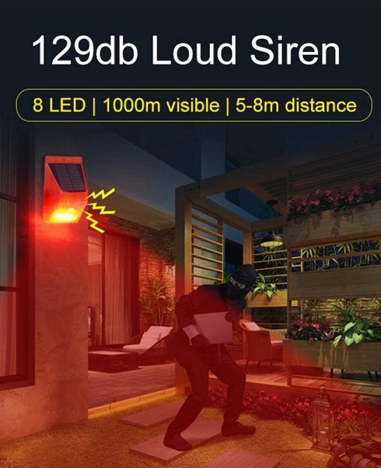 Solar Alarm Strobe Light with Remote Control Motion Sensor Detector Outdoor A…