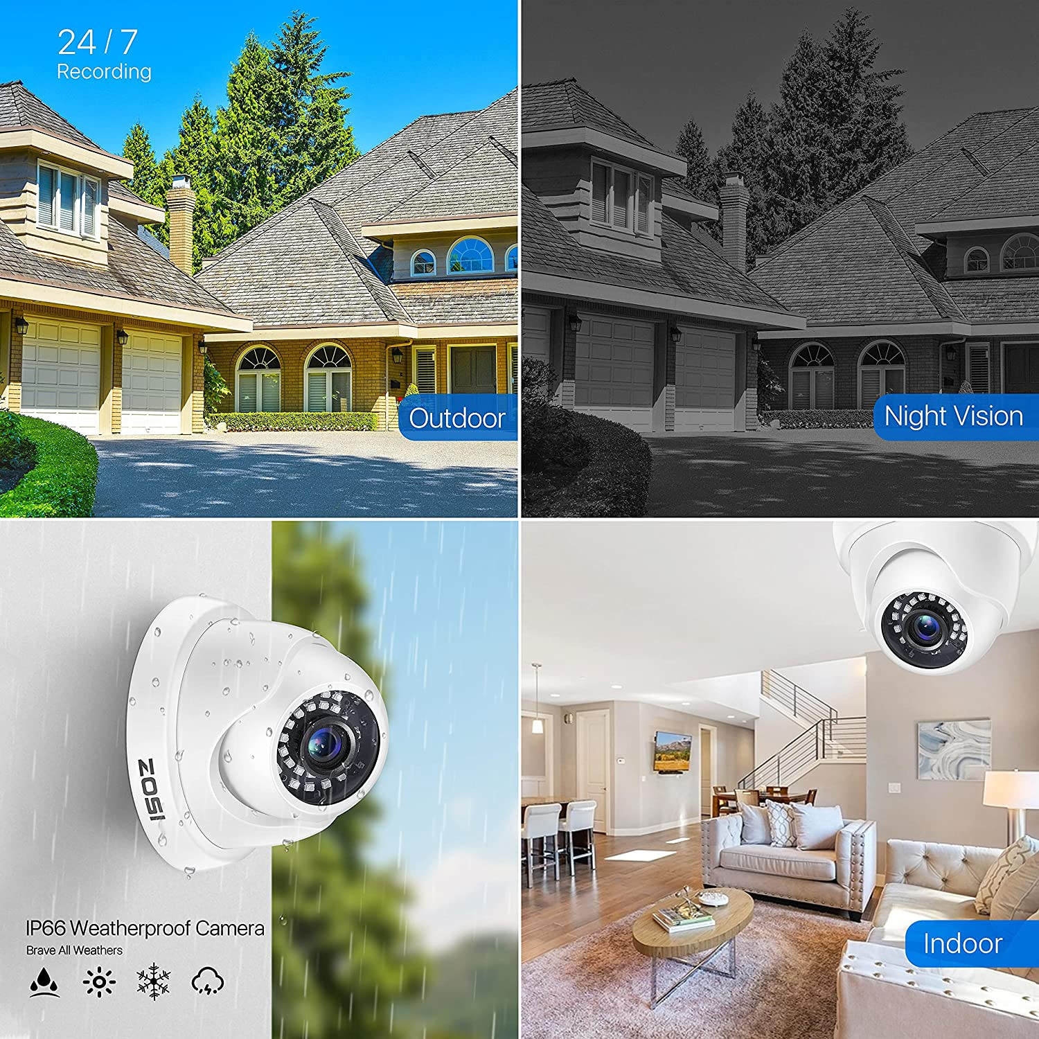 ZOSI 16CH DVR Security 80FT Dome Camera HD Outdoor Day& Night CCTV System 4TB