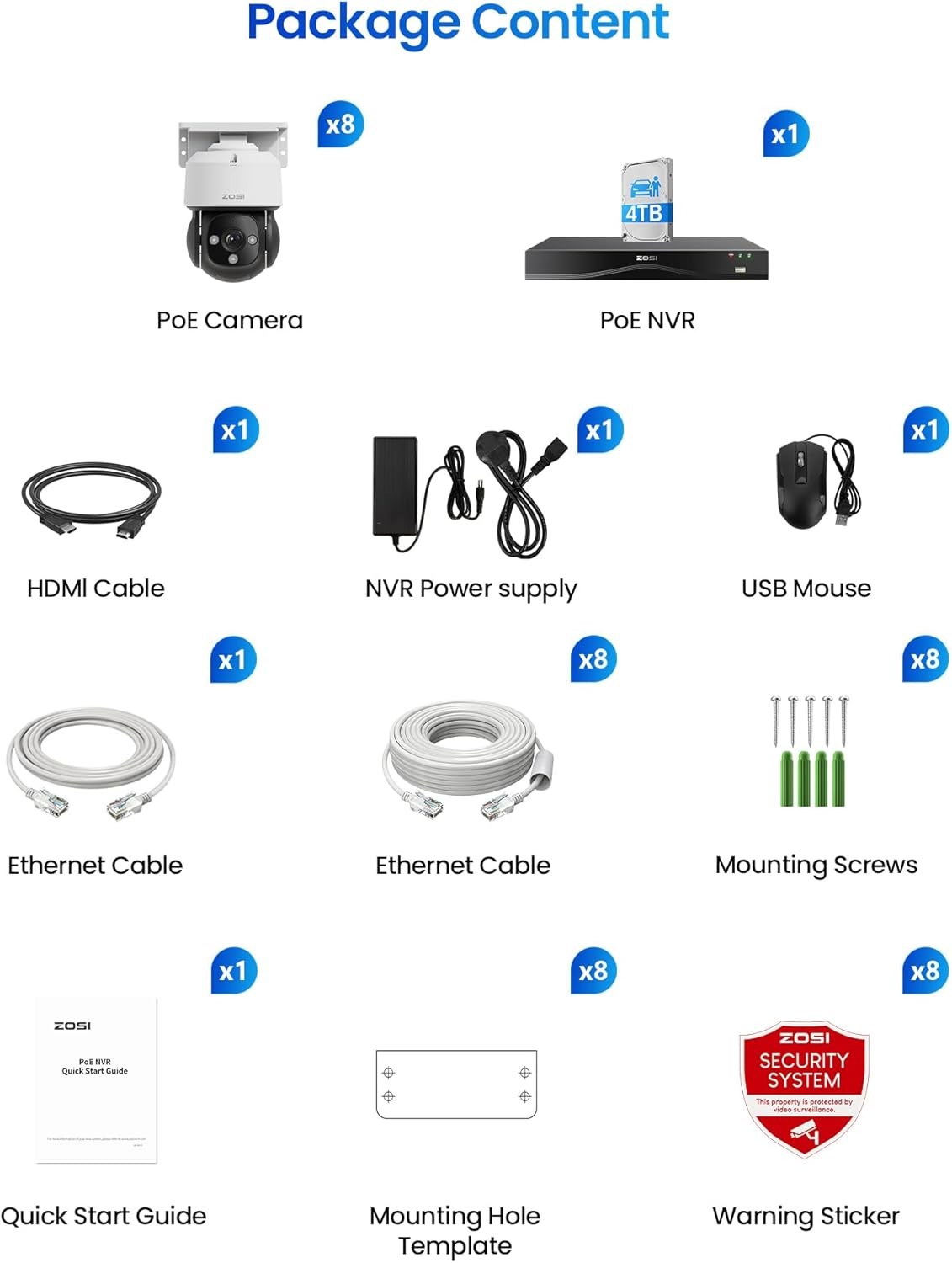 ZOSI C290 4K 16CH POE Security Camera System 8x 8MP Wired PoE IP Cameras 4TB HDD