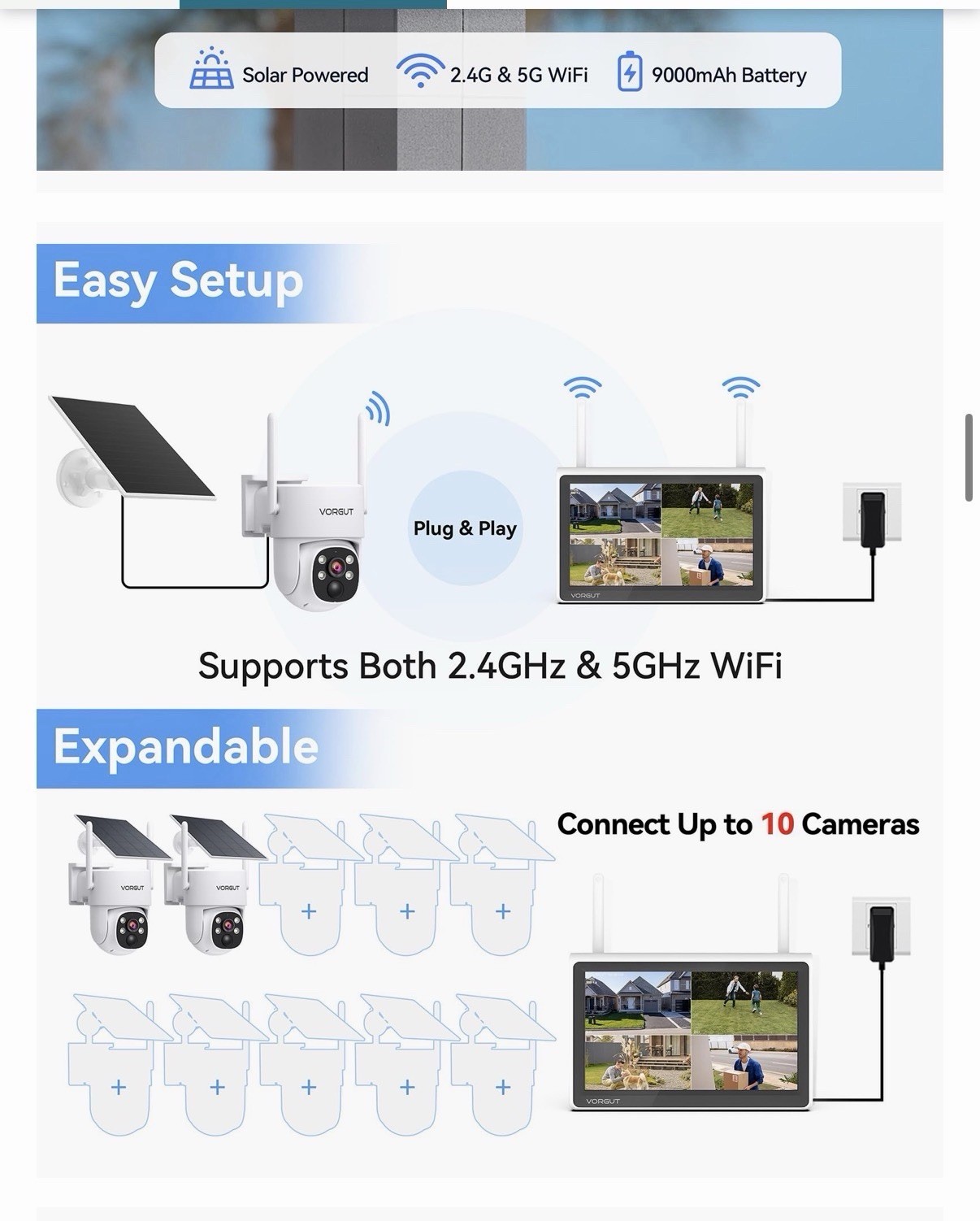 2K Solar Security Camera System, 10″ Monitor, 500GB HDD, 360° PTZ, 2.4/5G WiFi