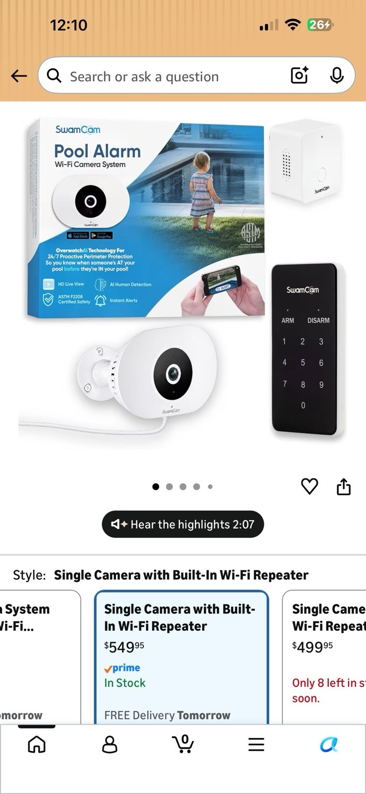 SwamCam Pool Alarm Camera ASTM F2208, WiFi App Operated