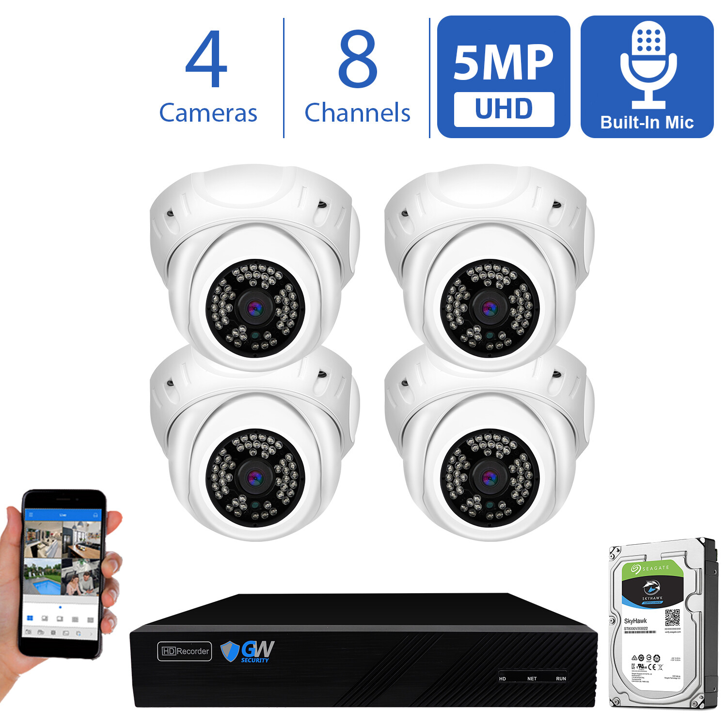 8 Channel 8MP 4K NVR 4 X 5MP 1920P PoE Home Microphone Security Camera System 1T