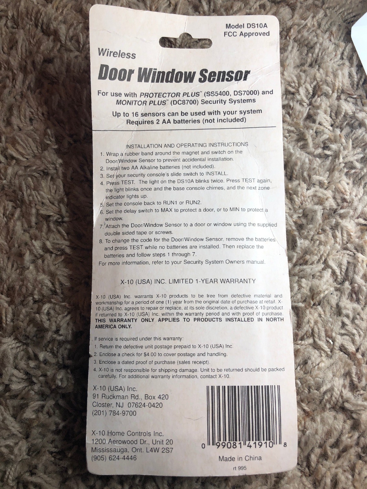 X-10 DOOR/WINDOW SENSOR works/w Protector Plus HomeSecurity DS10A