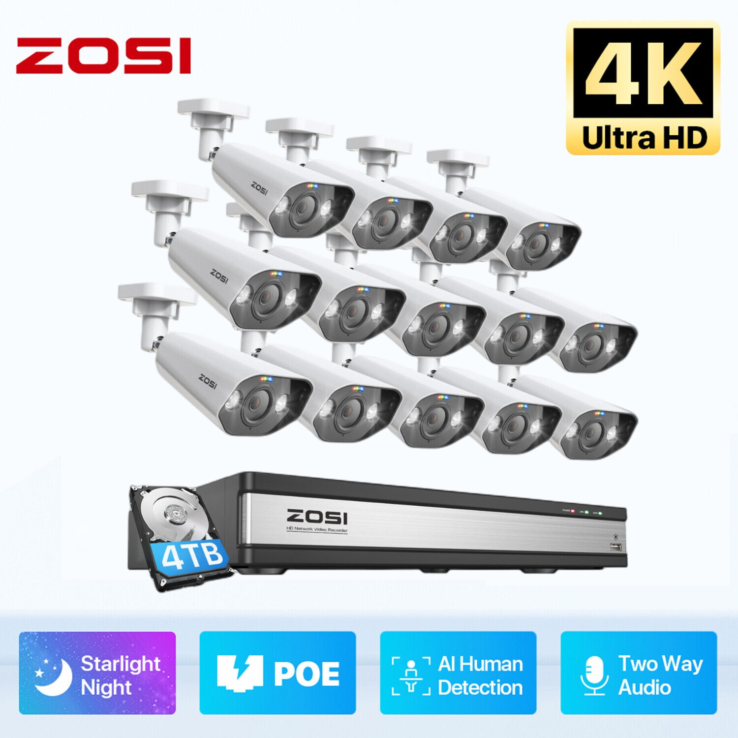 ZOSI 16CH/8CH NVR 4K 8MP POE Security Camera System Audio Recording IP Network