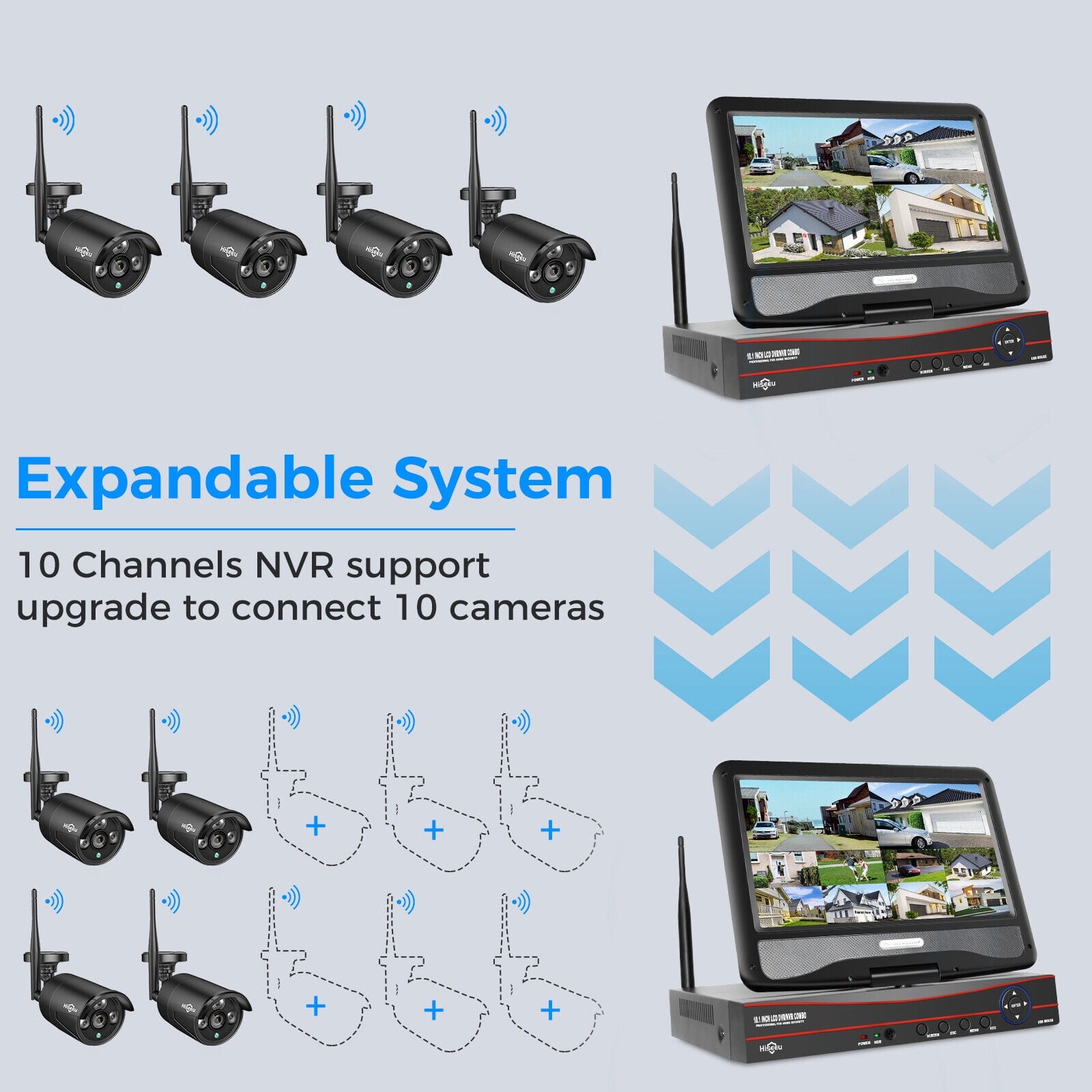 Wireless Security System 10 Inch Monitor 1tb NVR 4 Camera Kit Night Vision Audio