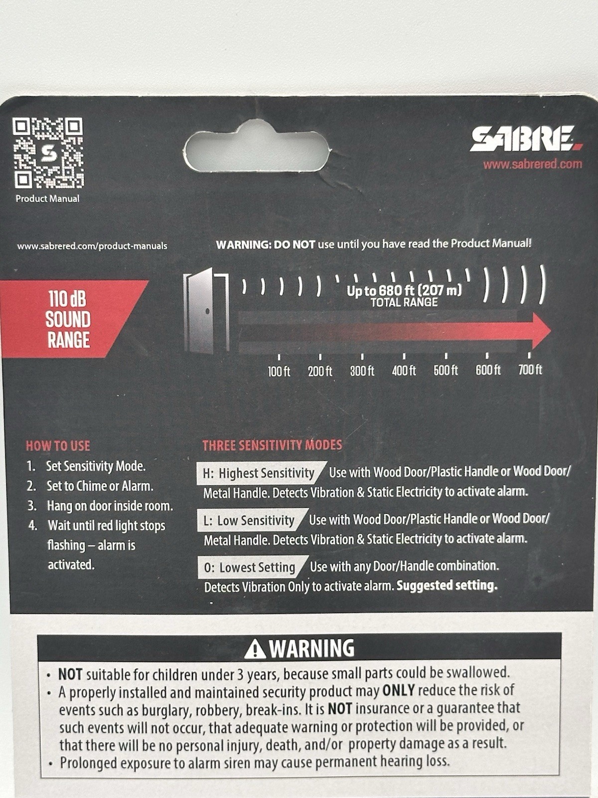 Sabre Door Handle Alarm Portable Security 3 Modes 110dB Travel Hotel Home