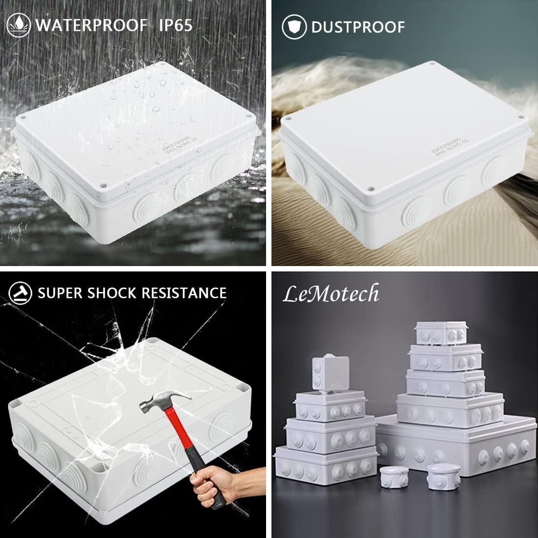 LeMotech Junction Box, ABS Plastic IP65 10″ x 7.9″ x 3.1″ (1pc), White