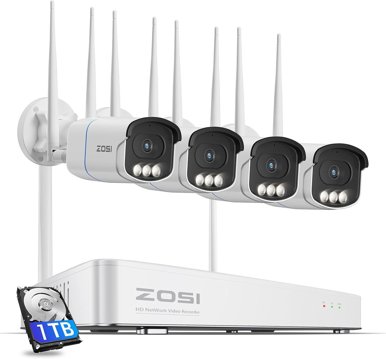 ZOSI 4K 4PCS 5MP Wireless Security Camera System 8CH 4K NVR 1TB HDD AI Detection