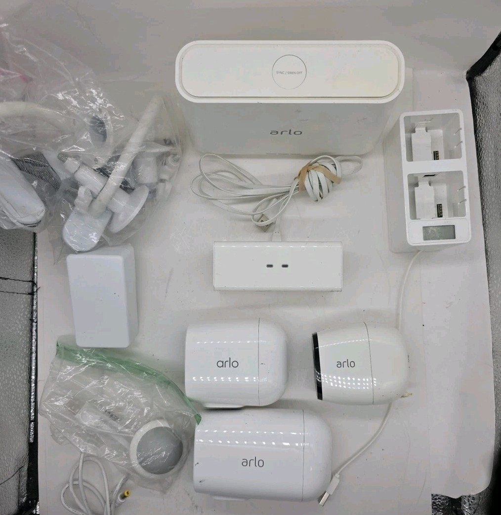 Lot Of 3 Arlo/Netgear Security Cameras /Base Station, Batteries & Charger AS IS