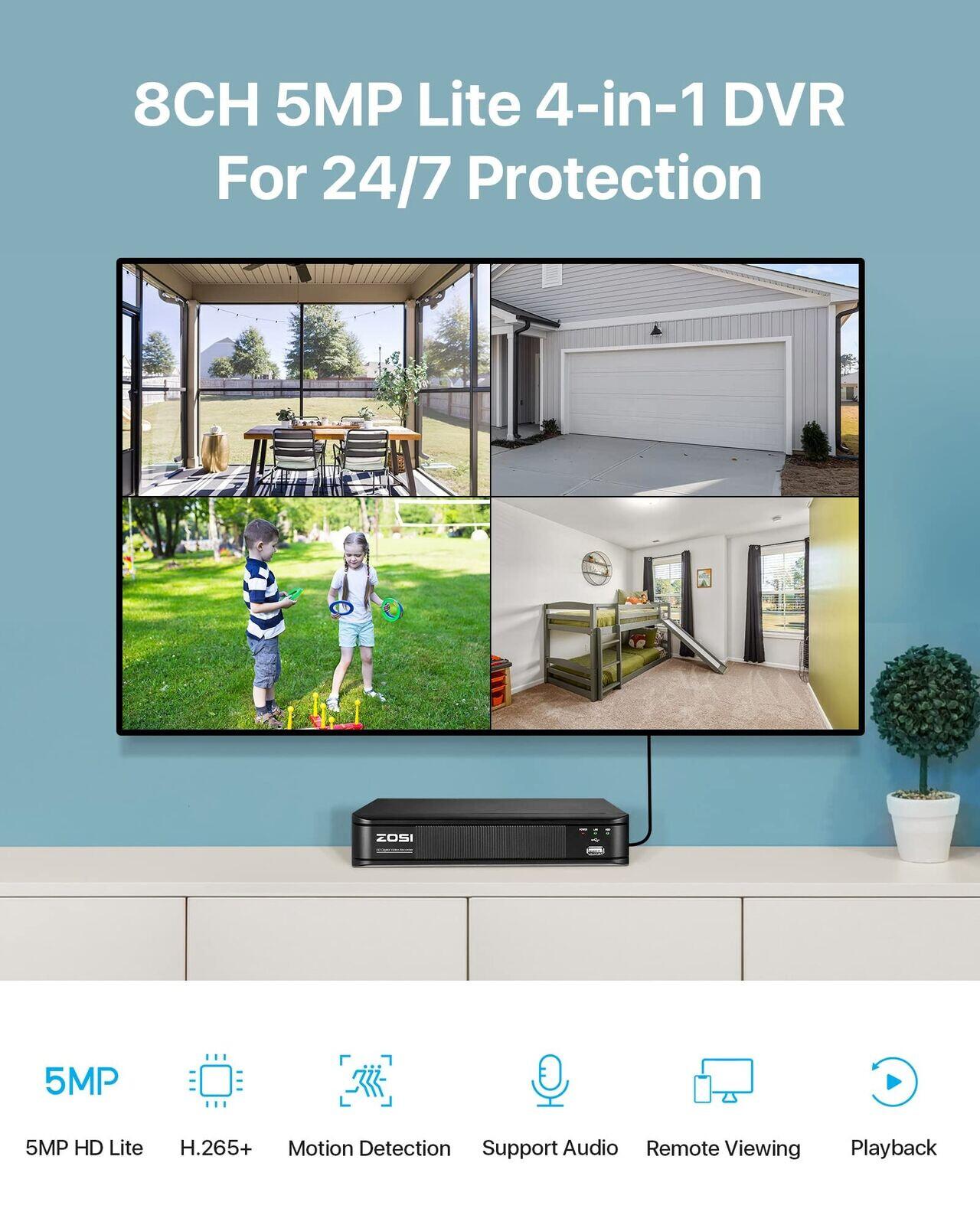 ZOSI H.265+ 5MP Lite CCTV DVR 8 CH 4-in-1 Surveillance DVR for Security Camera