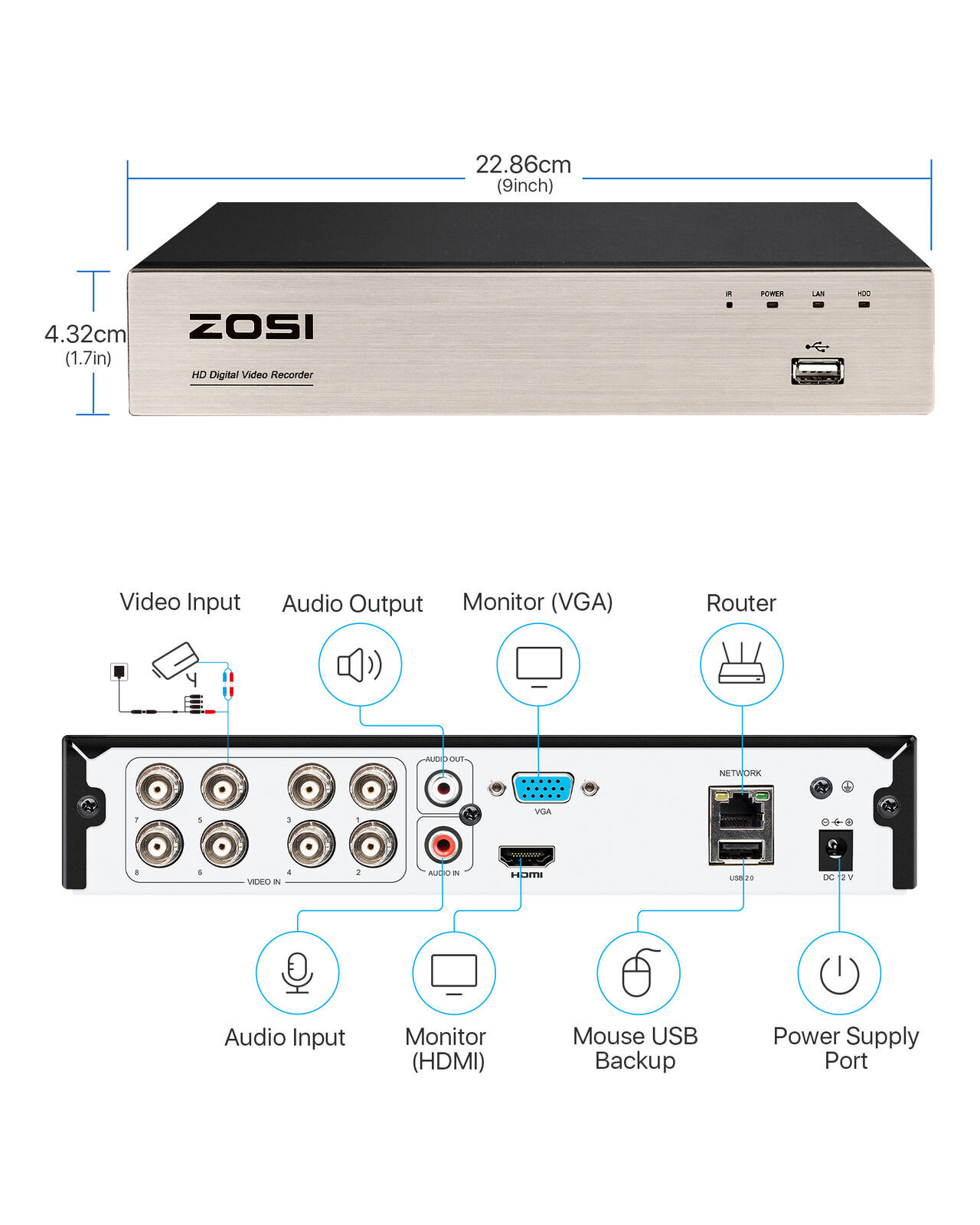 ZOSI 8CH 2MP Security Camera System H.265+ 5MP Lite HDMI DVR Home Weatherproof