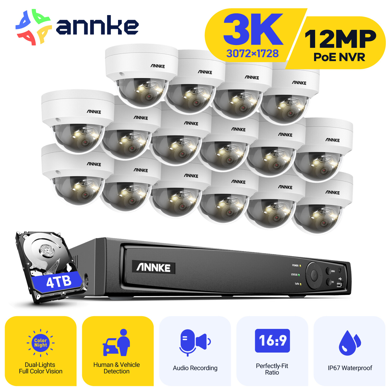 ANNKE 8CH 16CH 12MP NVR 3K PoE Security Camera System 5MP AI Color Night H.265+