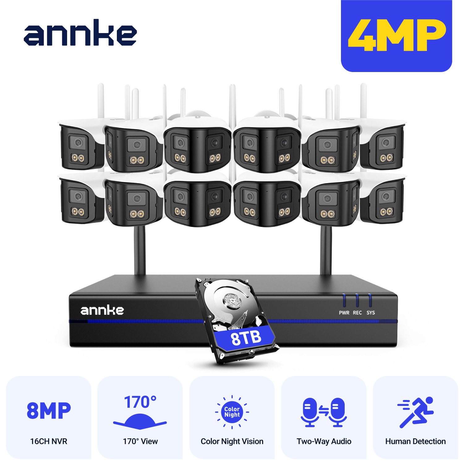 ANNKE 16CH 4MP Dual Lens Wireless Color Security Camera System 2 Way Audio WIFI