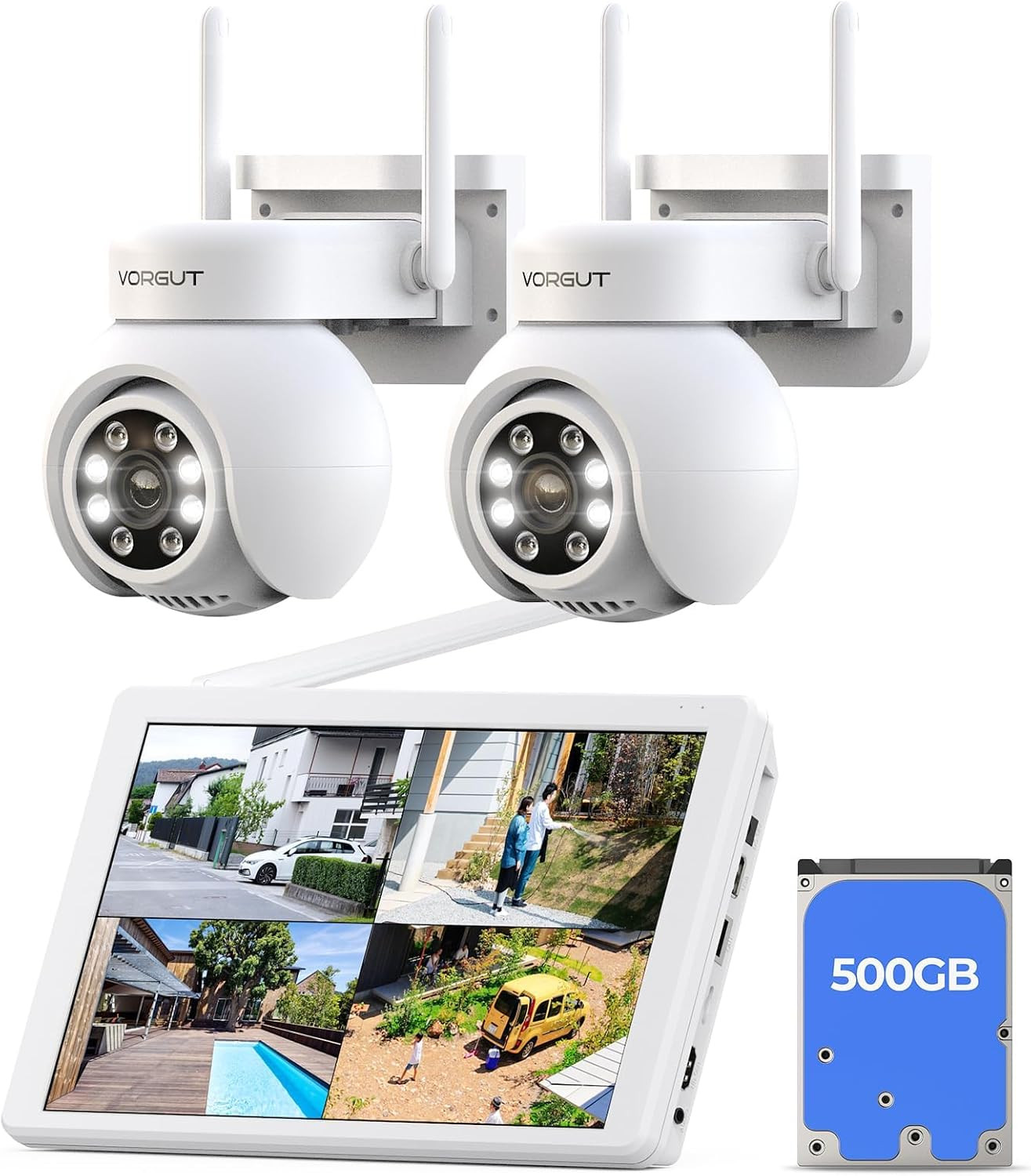 Wireless Security Camera System with 10″ LCD Monitor, 2PCS 3MP PTZ Outdoor Camer