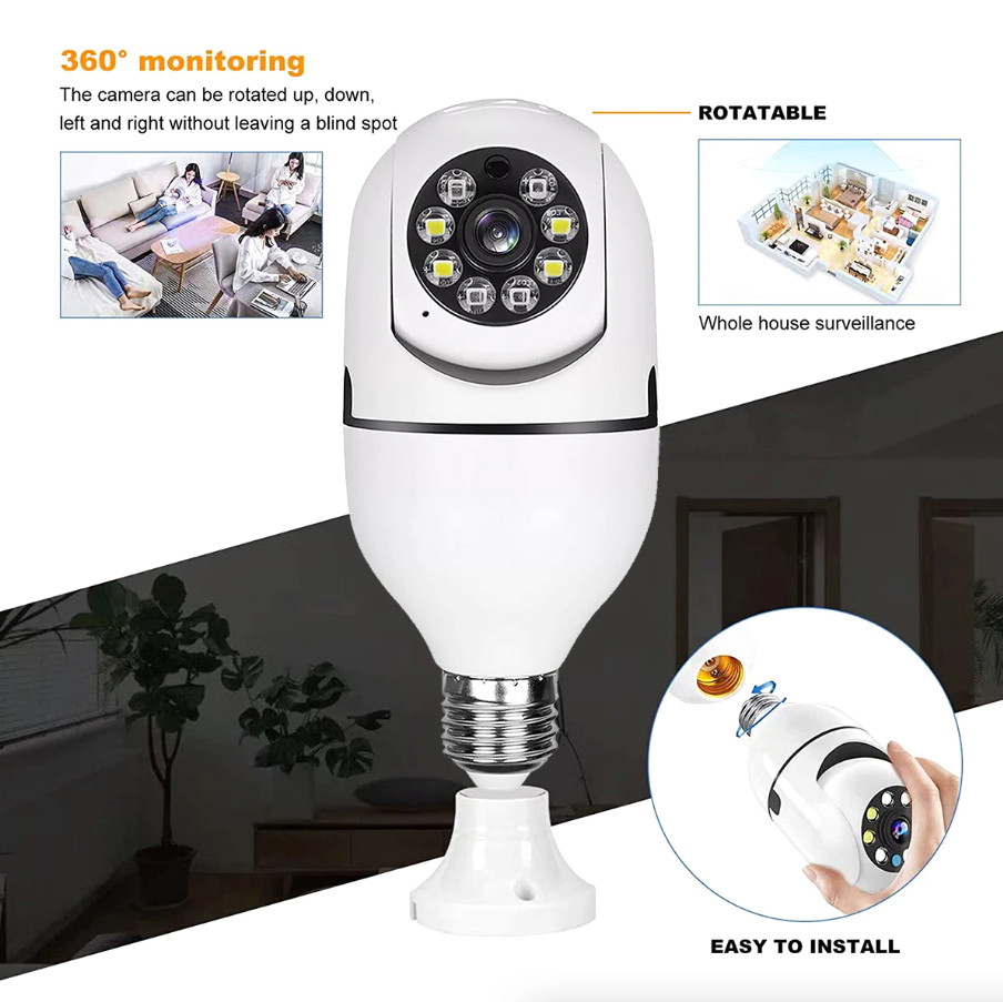 360° Panoramic WiFi IR IP E27 Light Bulb Camera 1080P Night Smart Home Wireless