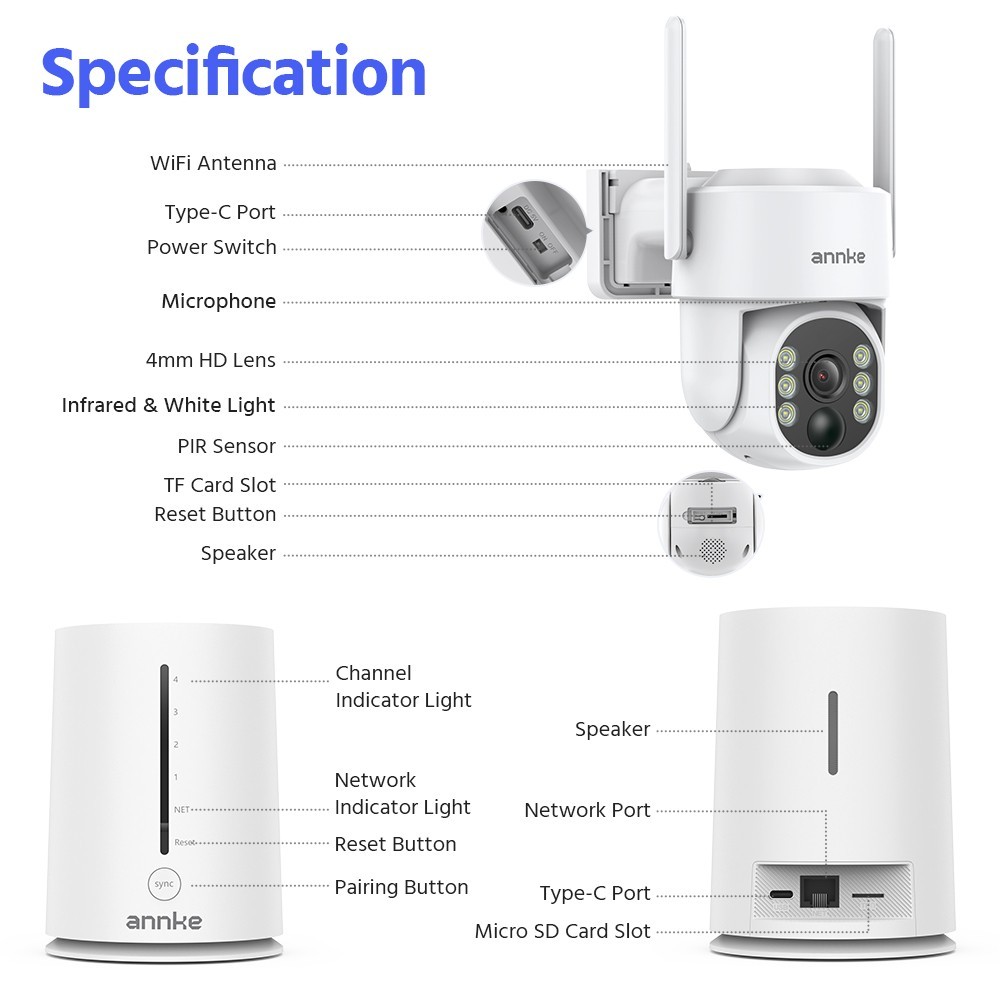 Annke 4MP Wireless Solar Battery Powered Security Camera System PT Color Night