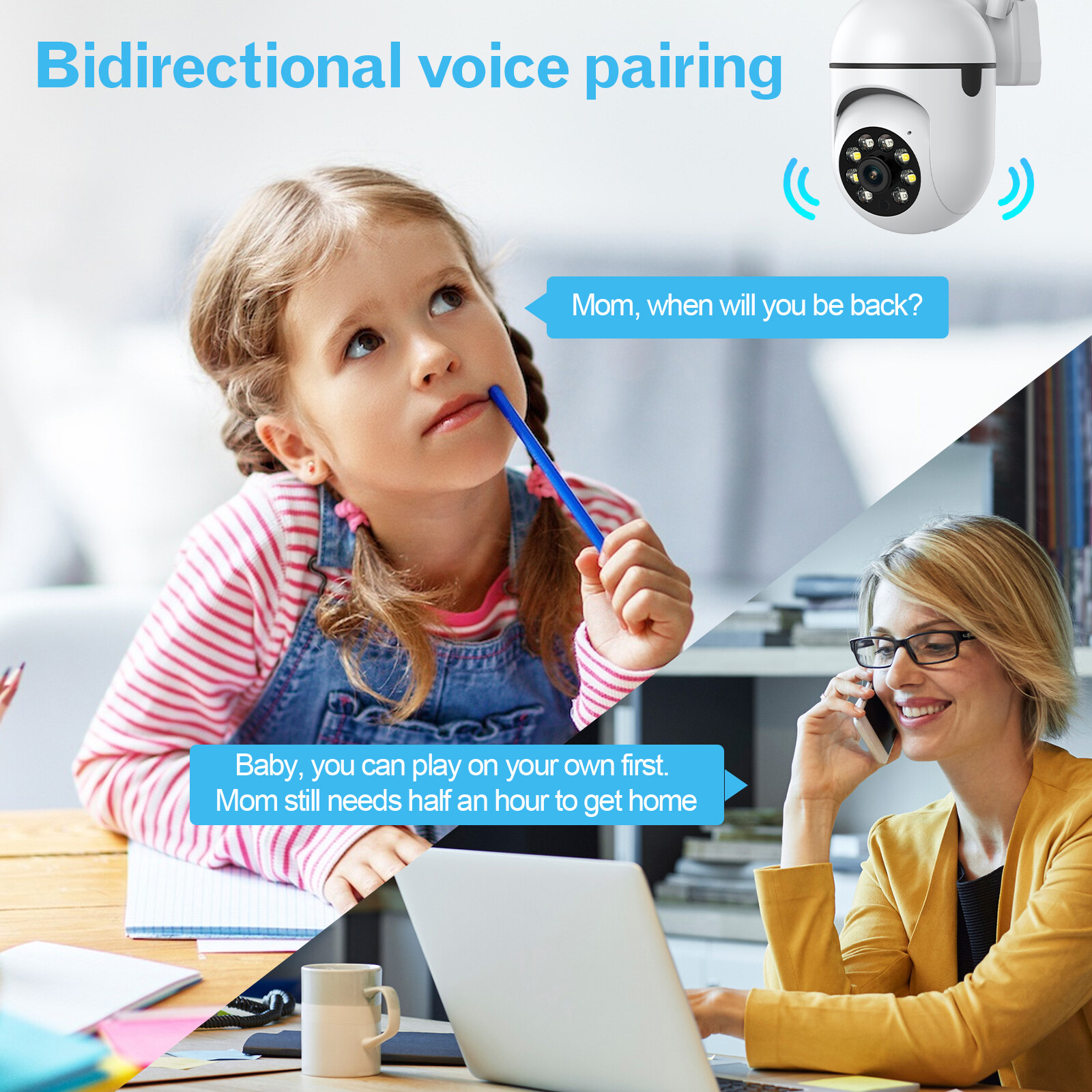 HD 1080P WiFi Security Camera Night Vision with PTZ Motion Detection 2-Way Audio