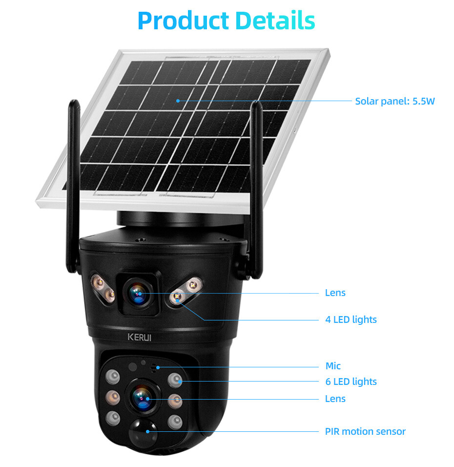 6MP Solar Dual Lens Wireless Security Camera Outdoor WiFi Cam With 128GB SD Card