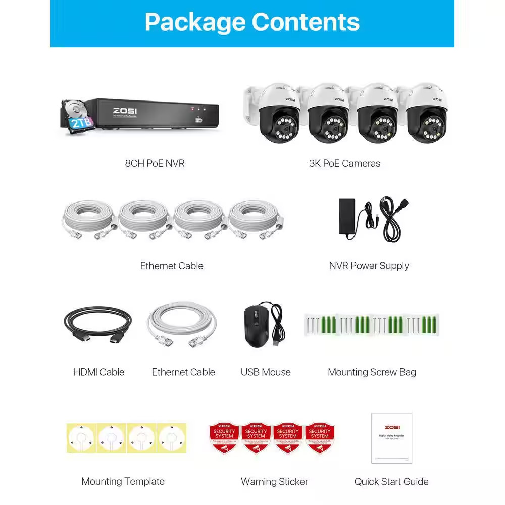 4K 8-Channel 2TB POE NVR Security Camera System with 4-Wired 5MP Pan Tilt Outdoo