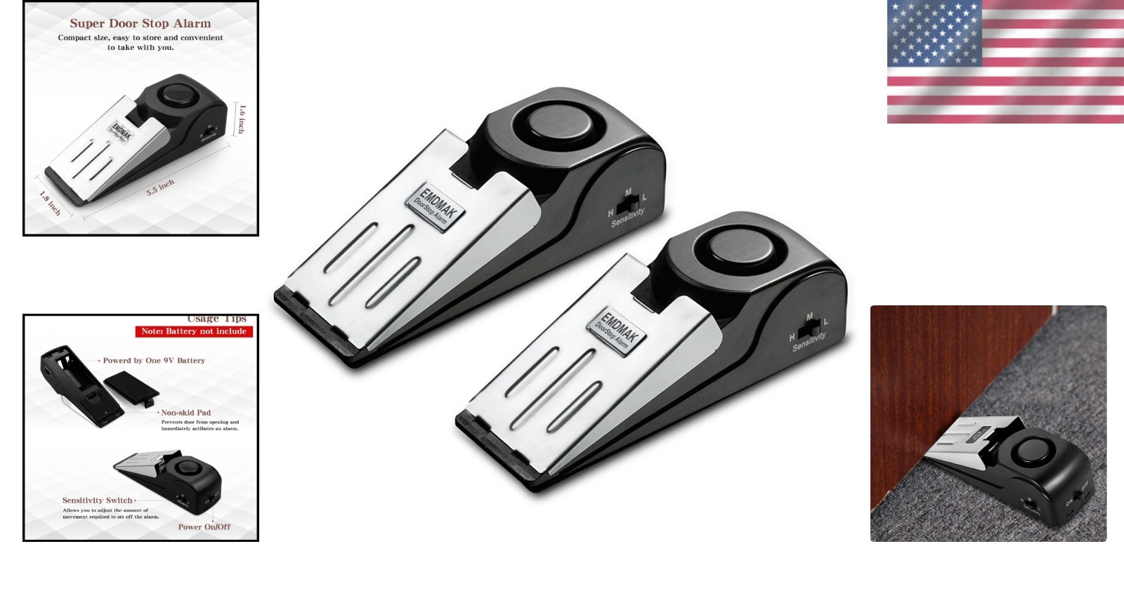 120DB Door Stop Alarm with Adjustable Sensitivity – 2 Pack for Home Security