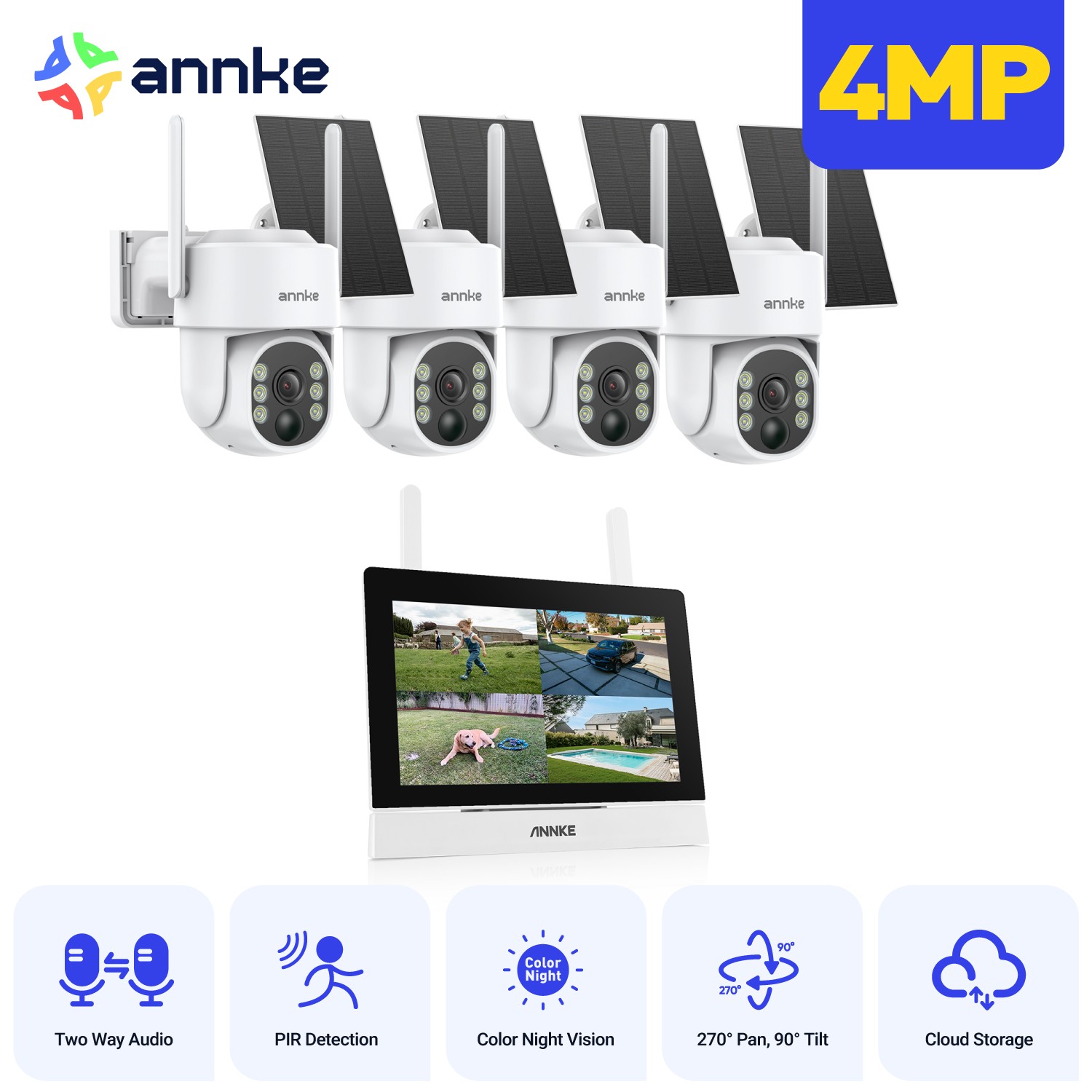 ANNKE Wireless 7″ Monitor 4MP PT Security Camera System Solar Powered 2-Way Talk