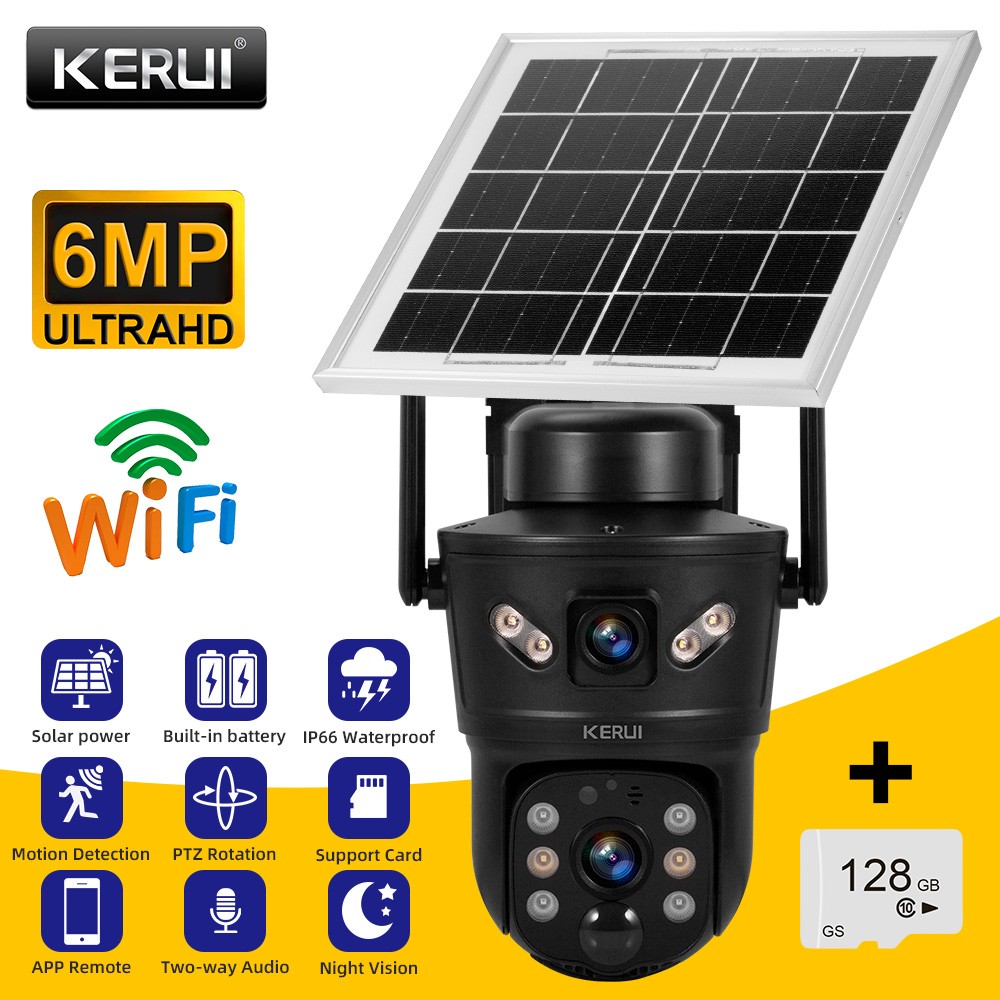 6MP Solar Dual Lens Wireless Security Camera Outdoor WiFi Cam With 128GB SD Card