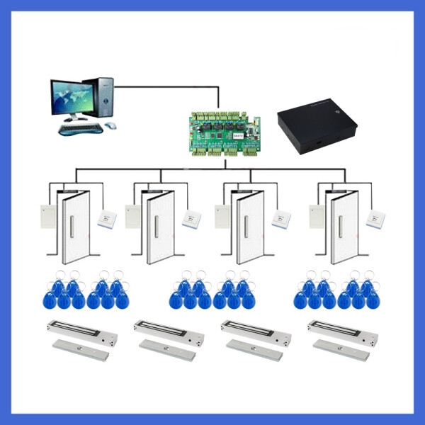 4-Door Control Kit with Reader/Switch/Power Unit/Key Fob/180kg Magnetic Locks