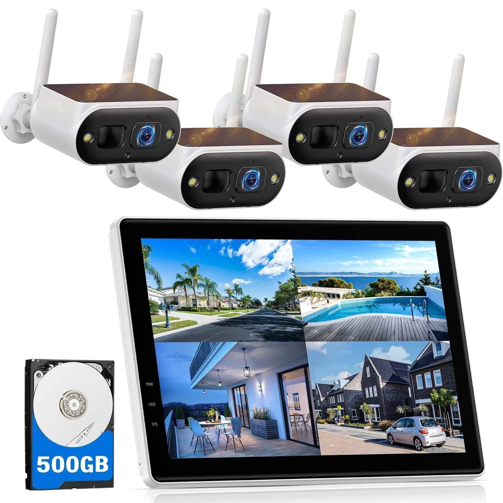 2K Solar Battery Powered Wireless Security Camera CCTV System W/10″ Monitor NVR