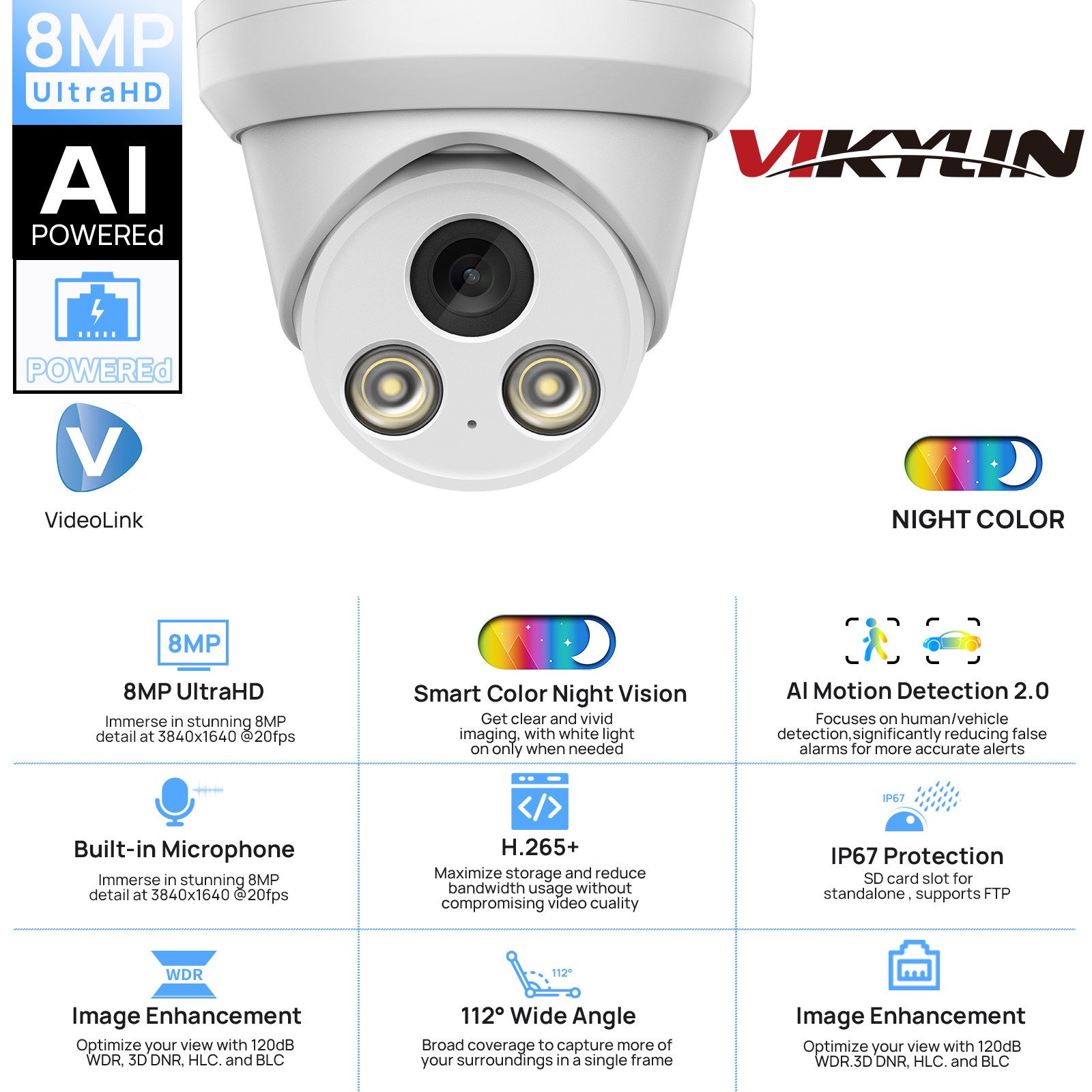 VIKYLIN 16CH NVR POE 24H Color Outdoor CCTV MIC 8MP Security Camera Systems Lot