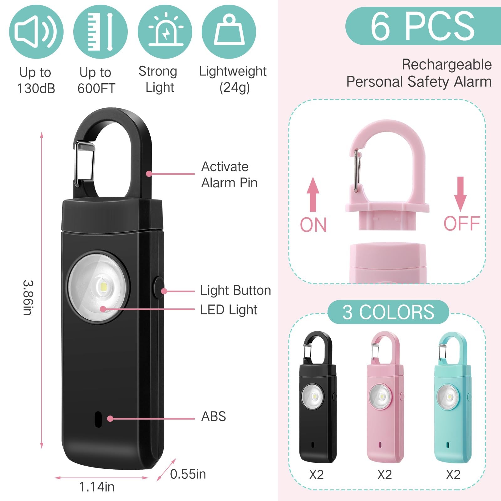 6 Pcs Rechargeable Personal Safety Alarm for Women, 130db Personal Alarm Prot…