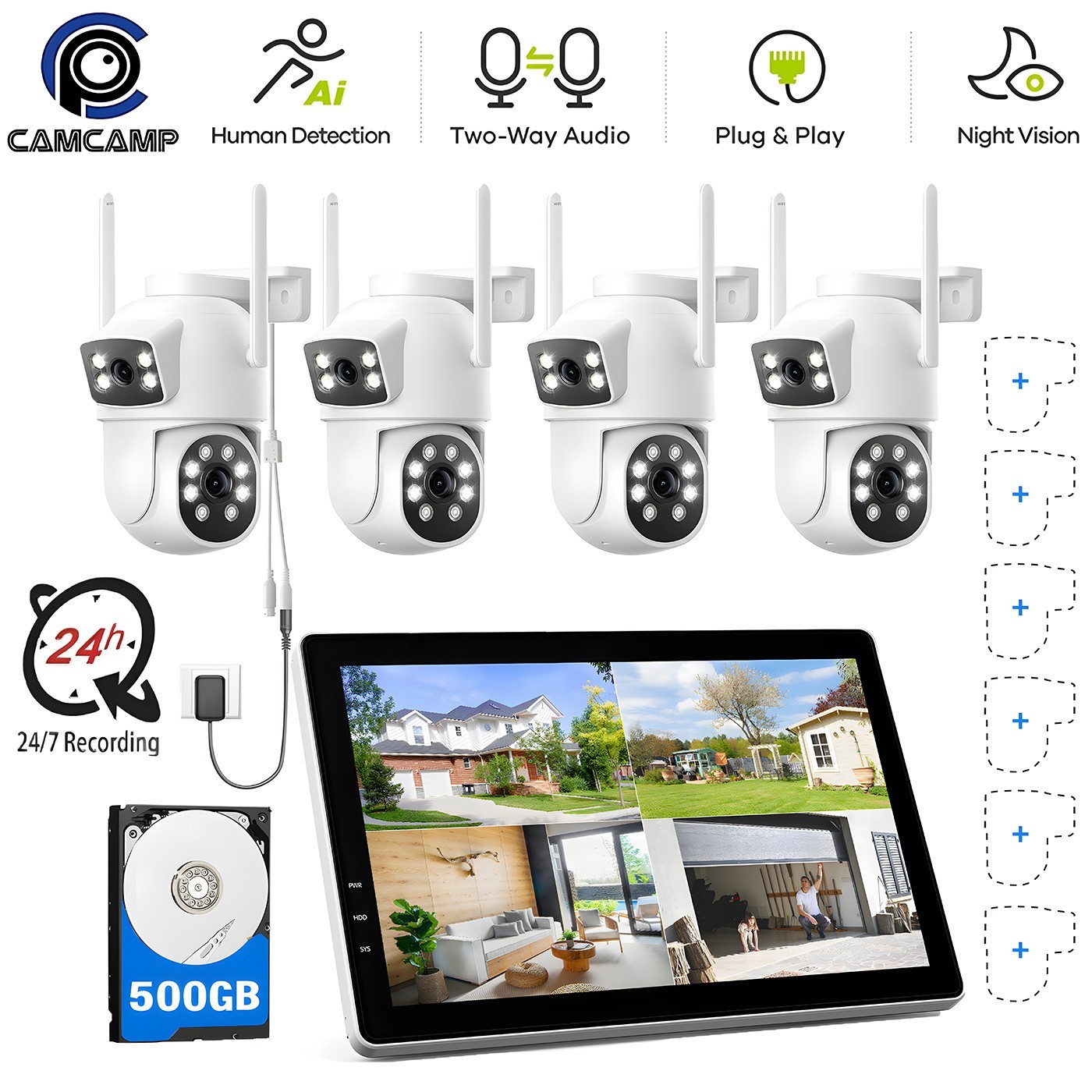 CAMCAMP Wireless Security Camera System with 10.1″ Monitor Dual Lens PTZ CCTV 2K