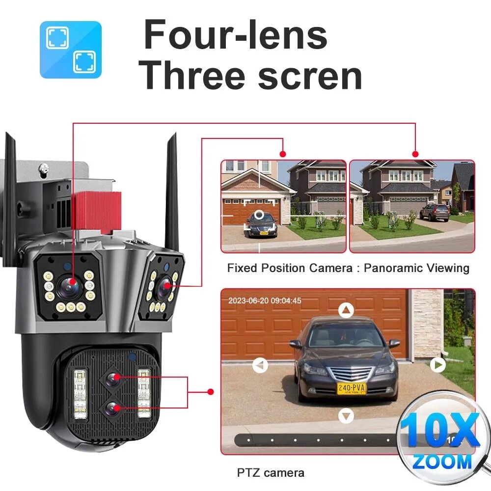 8K 10X Wireless Security Wifi 16MP IP Camera Four Lens Wifi Surveillance Cameras