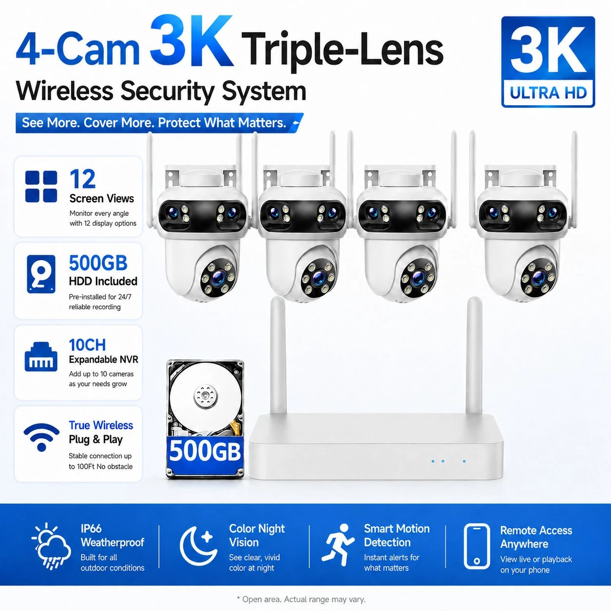 Wireless Security Camera System Rechargeable 7″ Touchscreen Monitor No WiFi Need