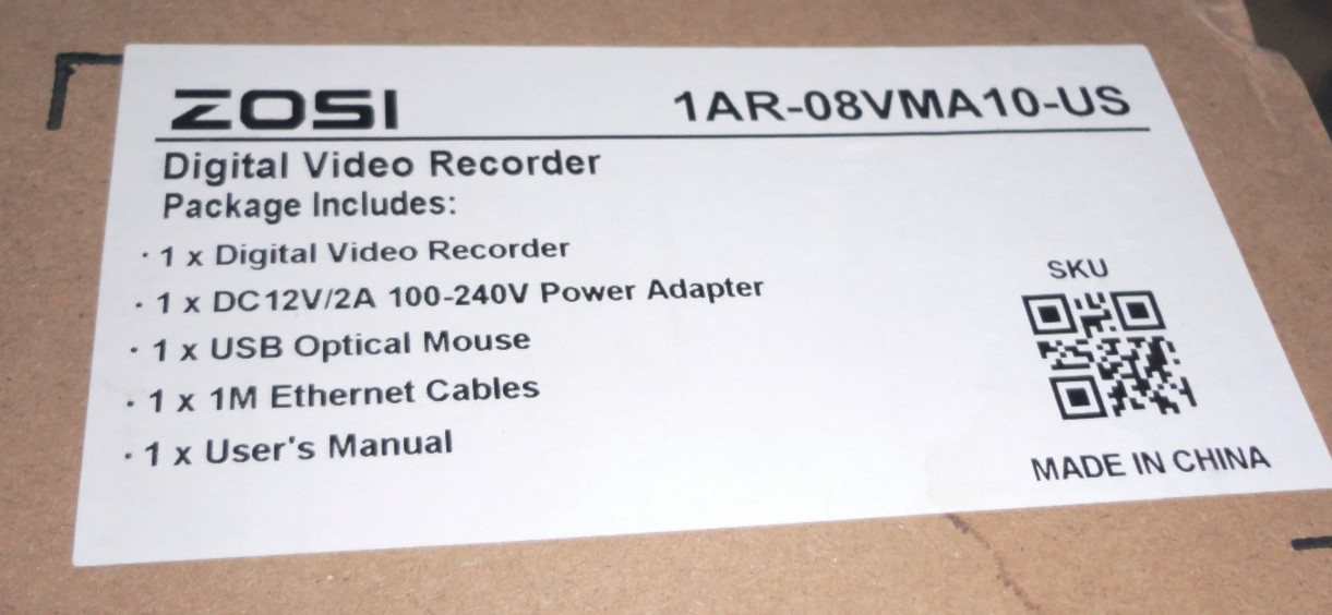 ZOSI ZR08VM 1TB HDD Video Digital Recorder DVR + Mouse + LAN + Power + Guide