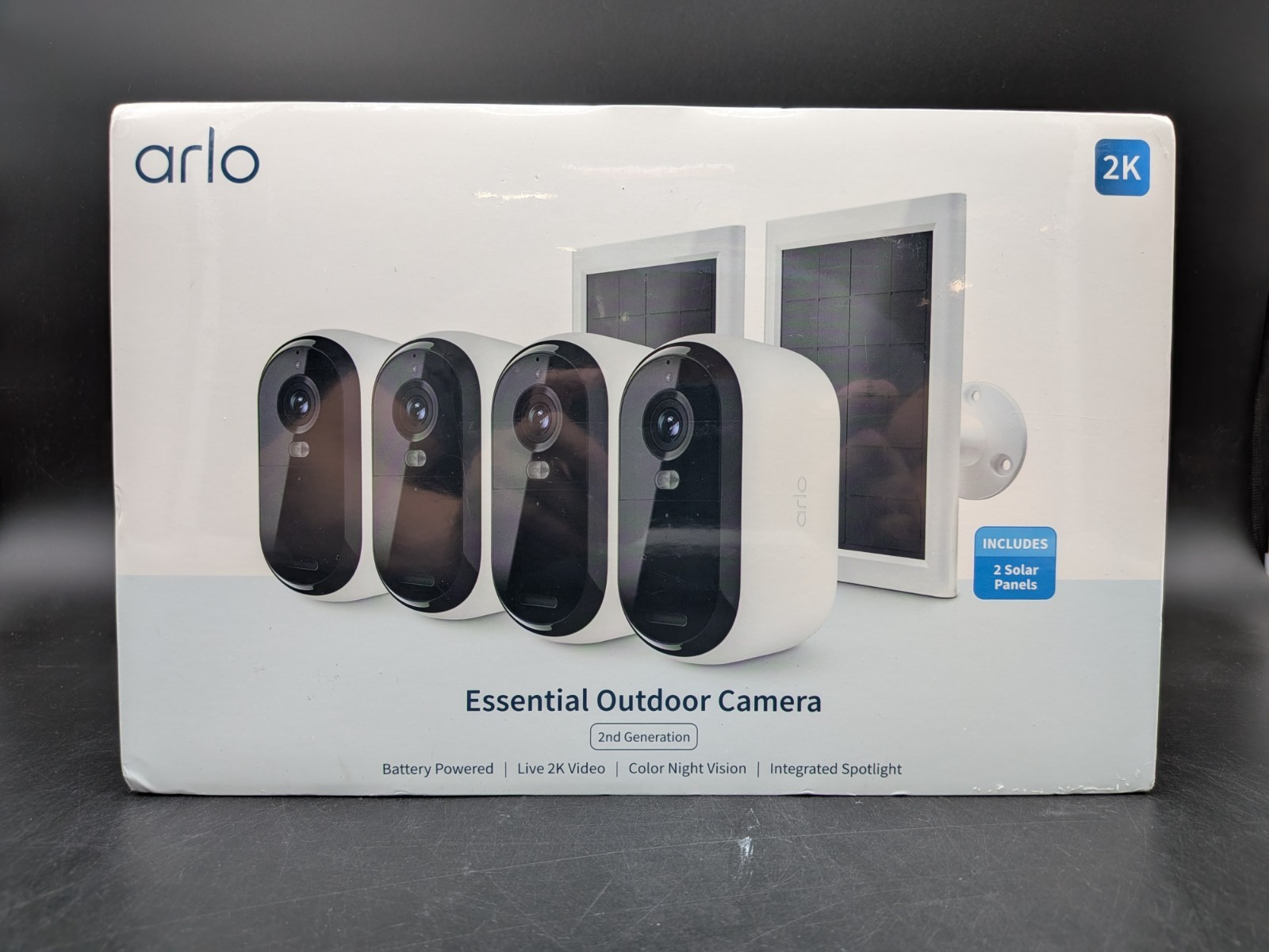 Arlo 2K Essential Outdoor Camera 2nd Gen, 4 Cameras and 2 Solar Panels, White