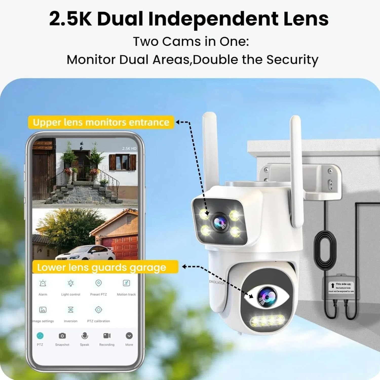 EKOLVOSK Dual-Lens 4G Cameras for Home Security, Pan/Tilt camera 1pack