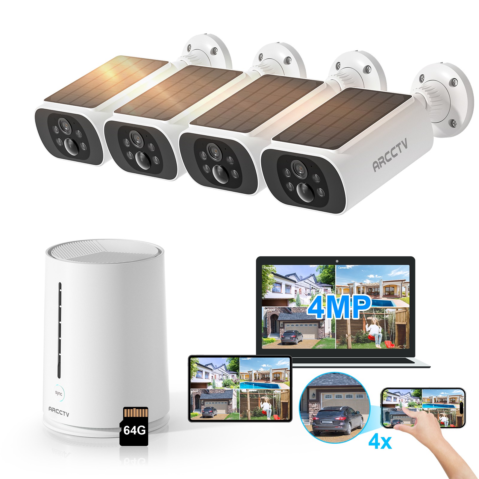 ARCCTV 4-Pack WiFi6 Solar Battery Security Camera System Outdoor CCTV Wireless
