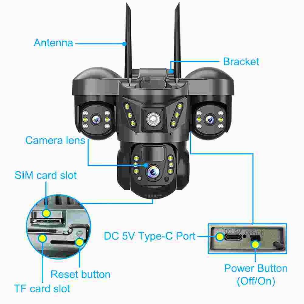 3 Lens 9MP WiFi IP Camera Wireless 1080P Outdoor CCTV PTZ Home Security IR Cam