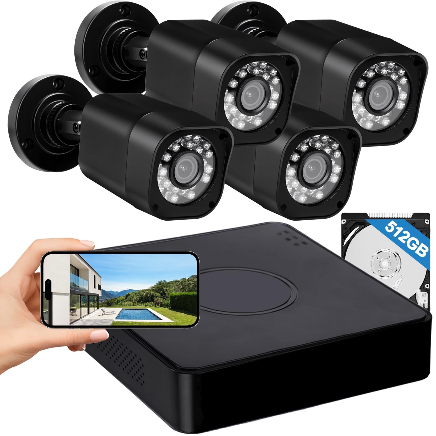 4CH 1080P Wired Security Camera System, CCTV DVR with 512GB Hard Drive, 4 x H…