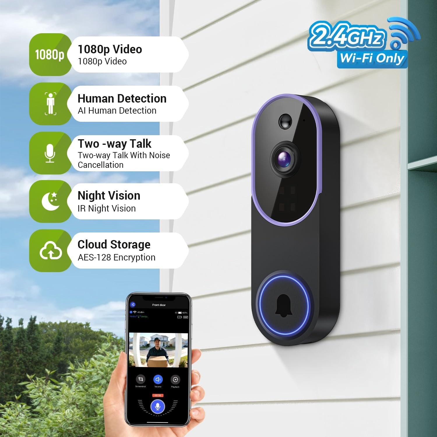 1080P Smart Wireless Video Doorbell Camera Night Vision Real-Time AI Alerts