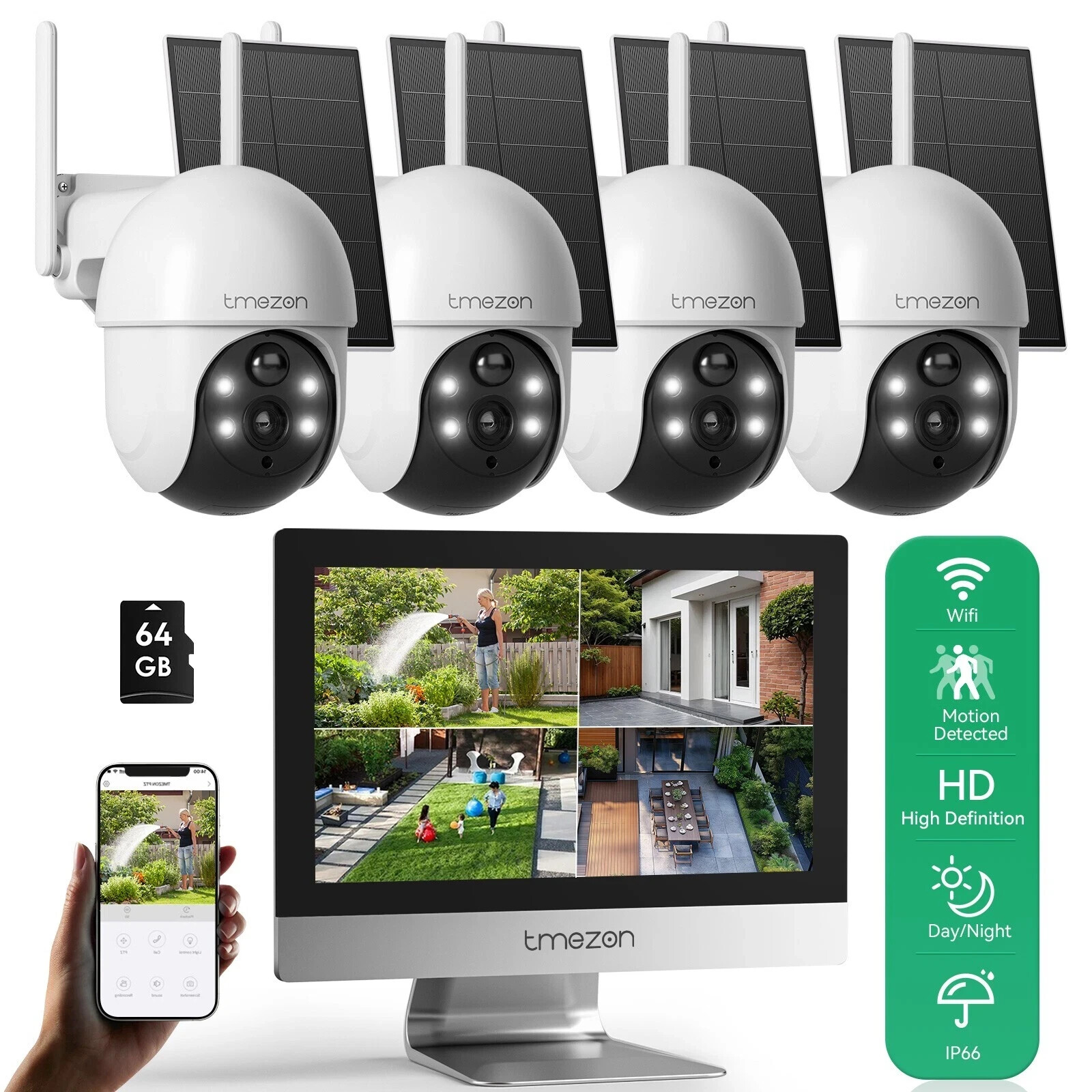 4MP Wireless Home Outdoor CCTV Security Camera System 10CH WIFI 12” Monitor 64G