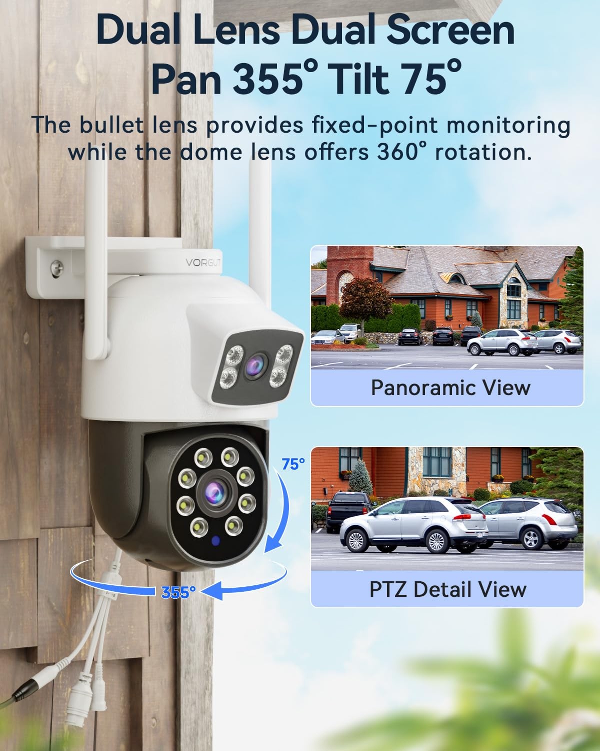 VORGUT Wireless Security Camera System Outdoor, 2pcs 2K Dual Lens PTZ Black