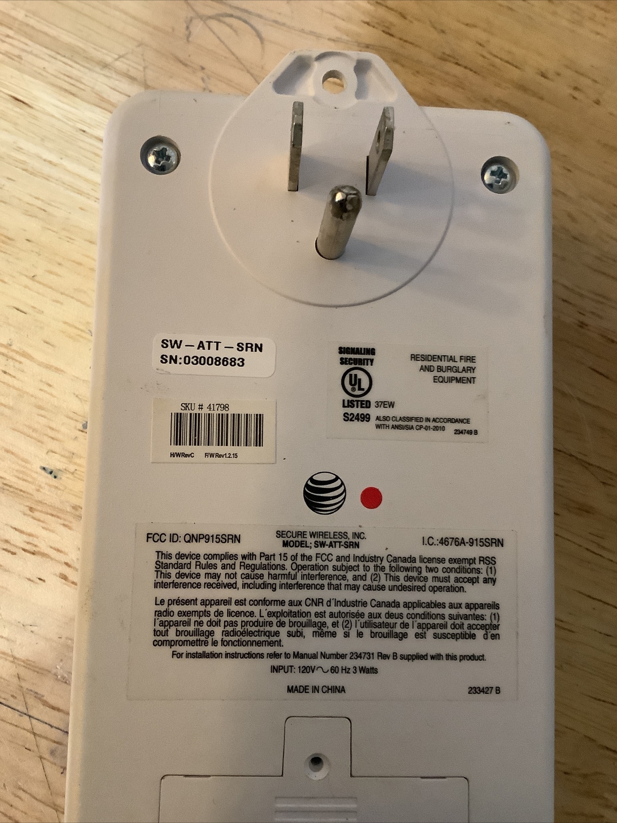 AT&T SW-ATT-SRN 41798 Wall Plug In Siren Wireless Security System