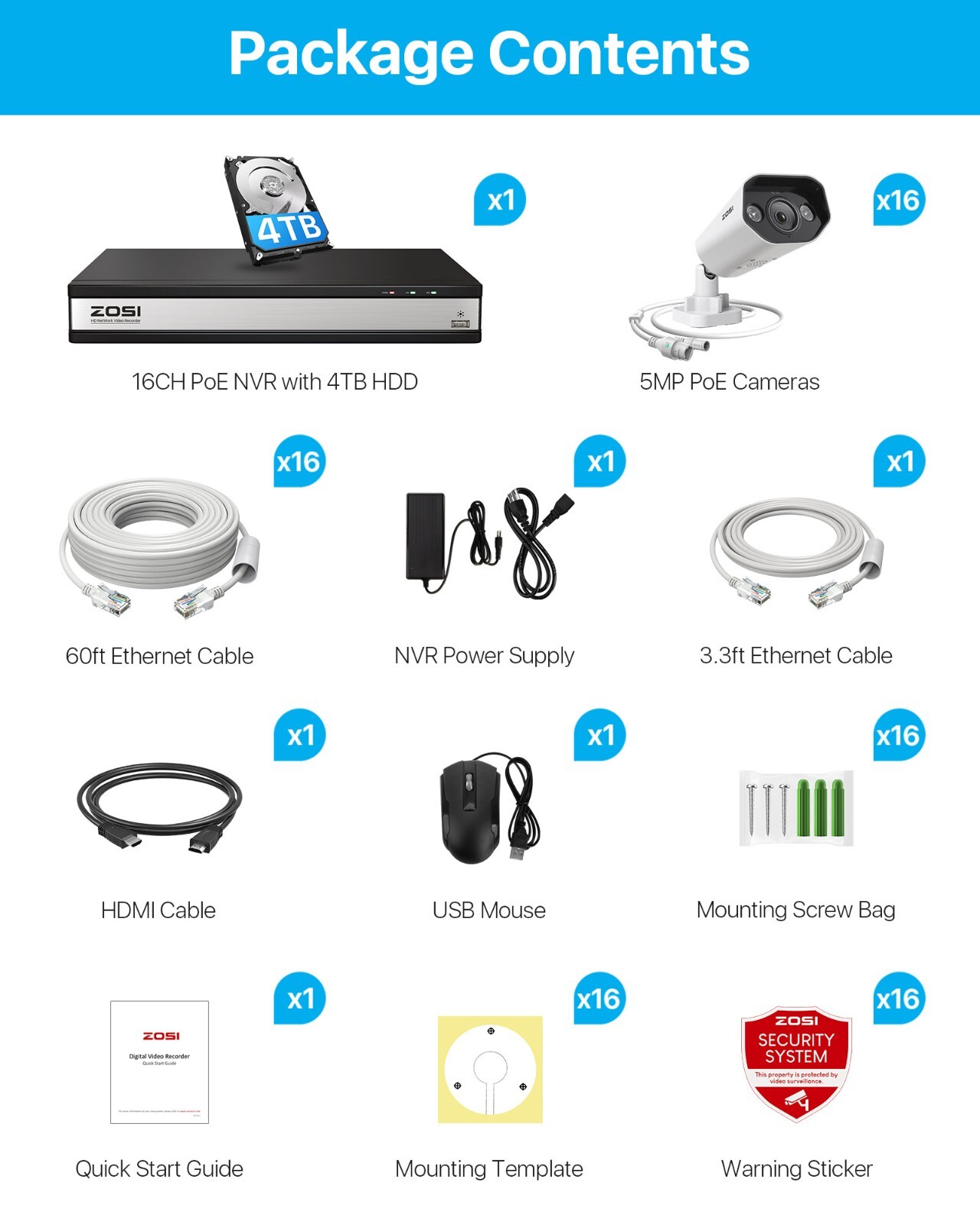 ZOSI 4K HD 16CH NVR 5MP POE Home Security Camera System 4TB Outdoor AI Detection