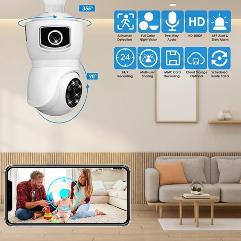 iMountek Dual Lens Security Camera E27 Light Socket Surveillance Camera 1080P