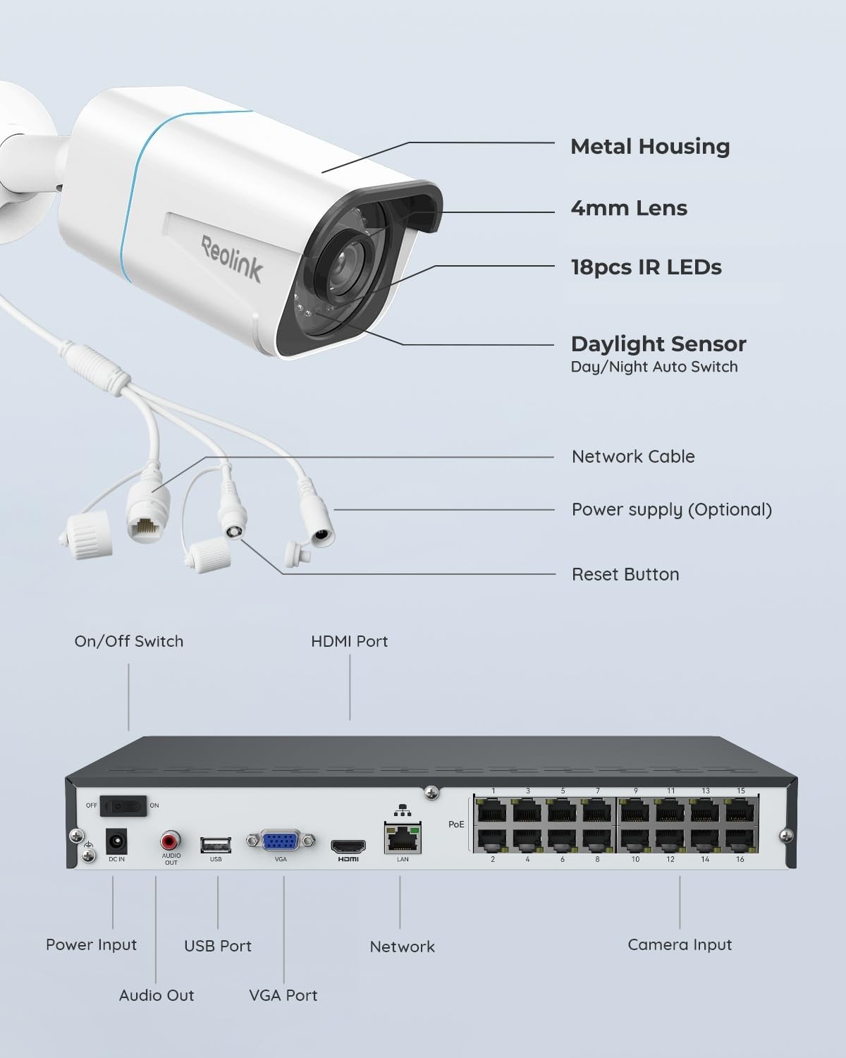 REOLINK 4K Security Camera System RLK16-800B8 8pcs H.265 PoE Wired 8MP/4K 16CH
