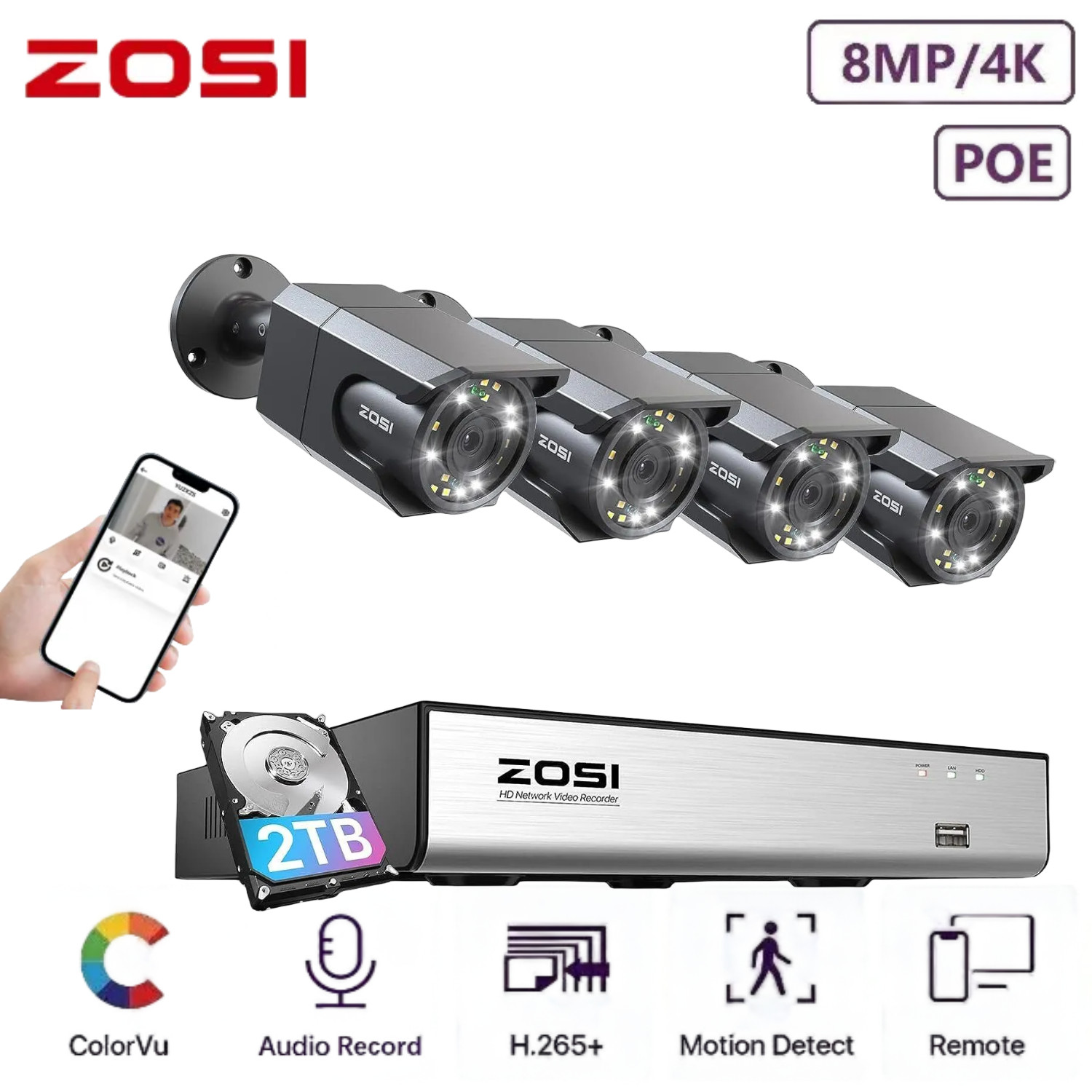 ZOSI 4K Security PoE Camera System with Audio Color Night Vision 24/7 Recording