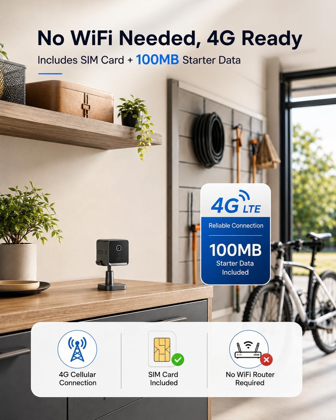 4G LTE Cellular Security Camera, No WiFi 2K HD Indoor Surveillance Black