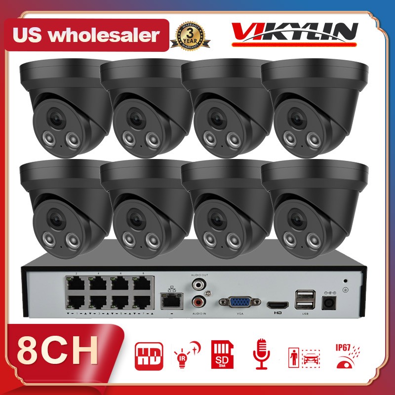 Vikylin 8CH 8POE NVR CCTV System 4MP IP Camera Mic IR Security Outdoor Black Lot