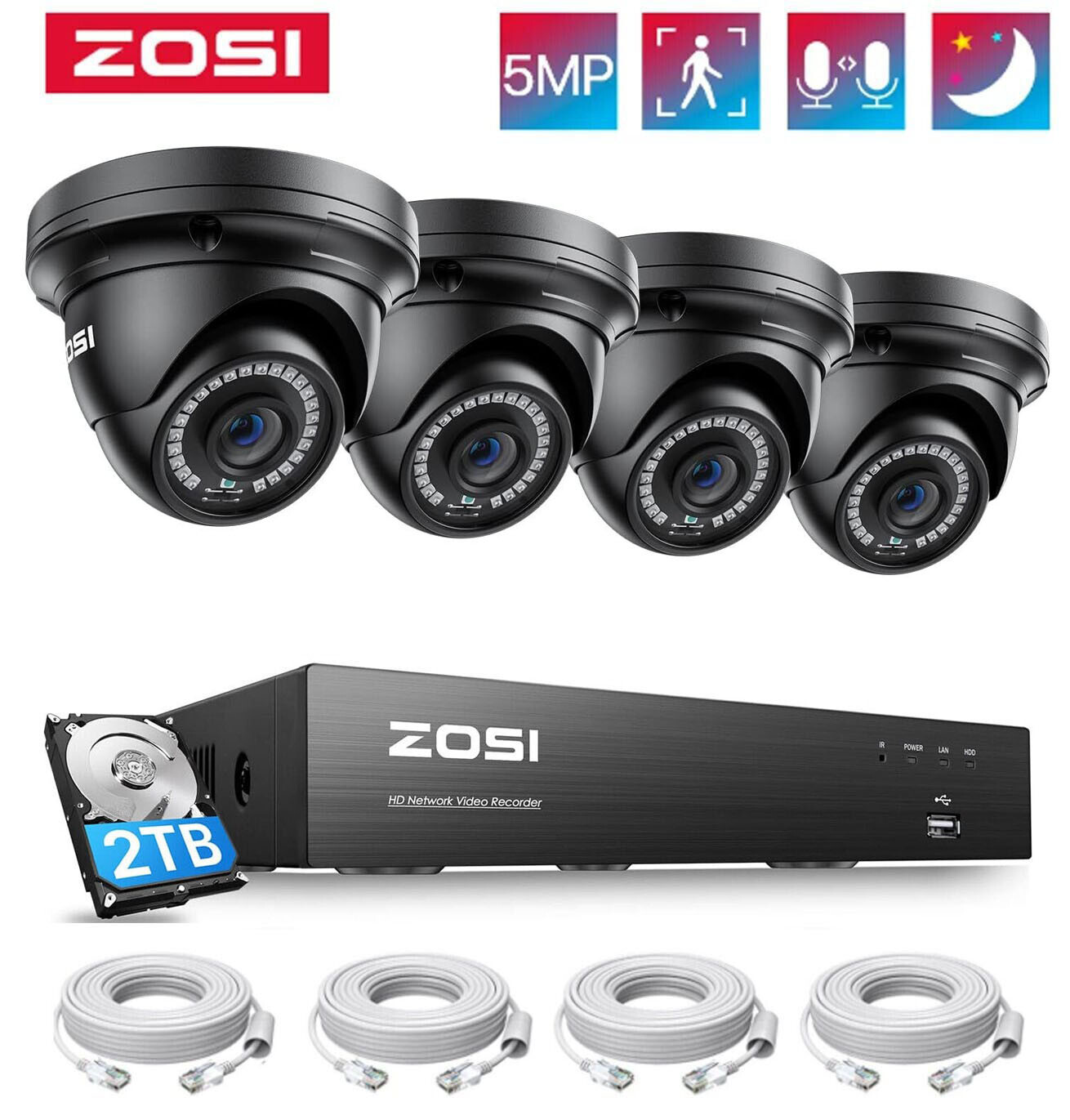 ZOSI 4K NVR 5MP PoE Camera Security CCTV System Outdoor Motion Detection 2TB HDD